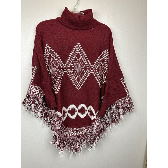 AZ Cape Poncho With Sleeves Red With Boho Aztec Design - Picture 11 of 11